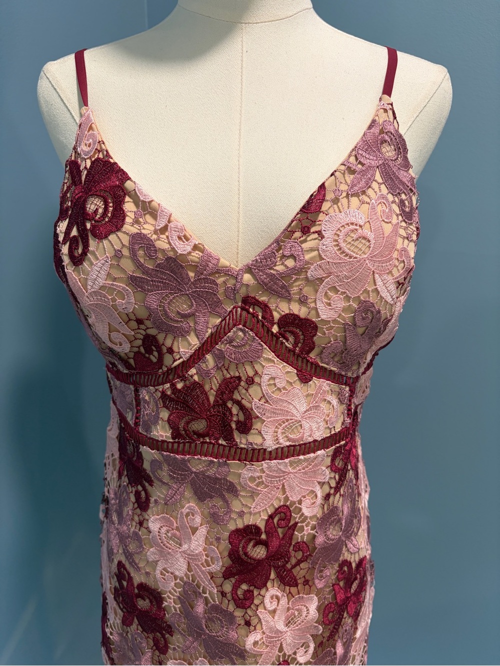 Lulus Floral Lace Midi Dress Pink Burgundy Mauve Cocktail Party Medium - Picture 5 of 10